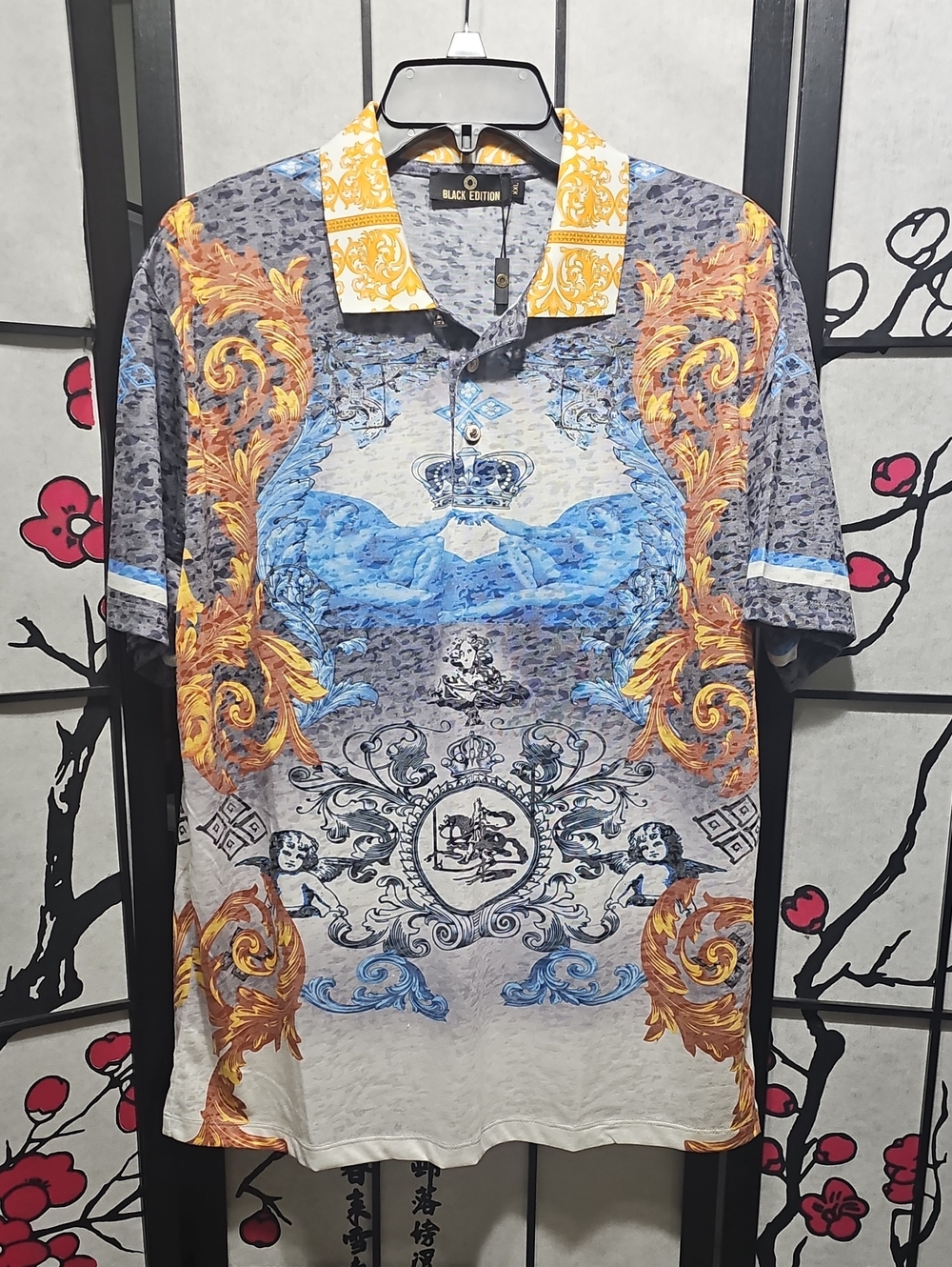 Black Edition Baroque Print Polo Shirt - Blue/Gold Size Large New
